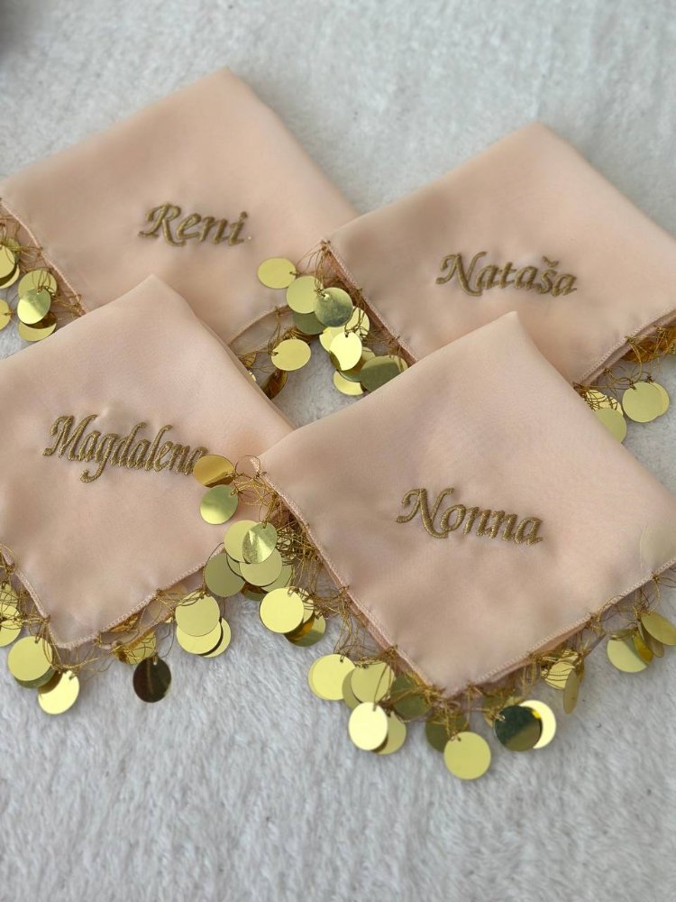 20 Stück personalisierte Halay-Taschentücher aus Chiffonstoff mit Pailletten | EW-292871