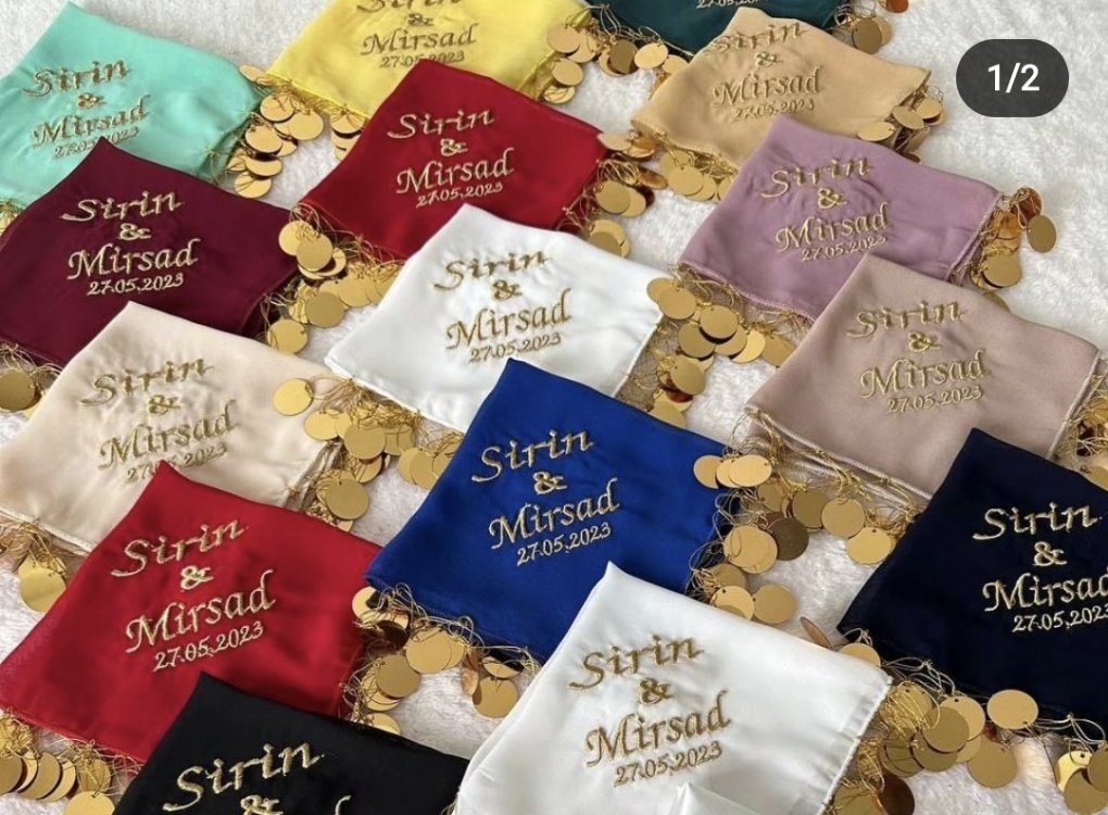 20 Stück personalisierte Halay-Taschentücher aus Chiffonstoff mit Pailletten | EW-292929
