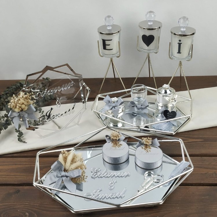 Spiegelmodell Verlobungs-Tablett Set + Kerzenhalter + Namensschild 3tlg | EW-292748