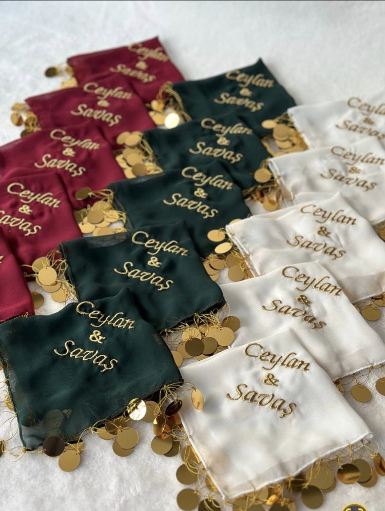 20 Stück personalisierte Halay-Taschentücher aus Chiffonstoff mit Pailletten | EW-292929