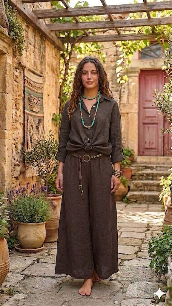 Kemerli bol paça keten pantalon