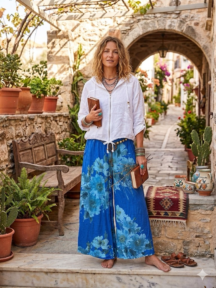 Çiçek desenli keten pantalon