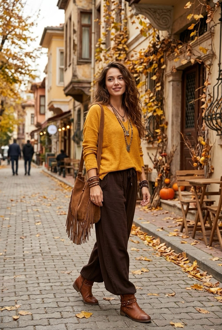 Kahve kadife pantalon ve angora triko bluz