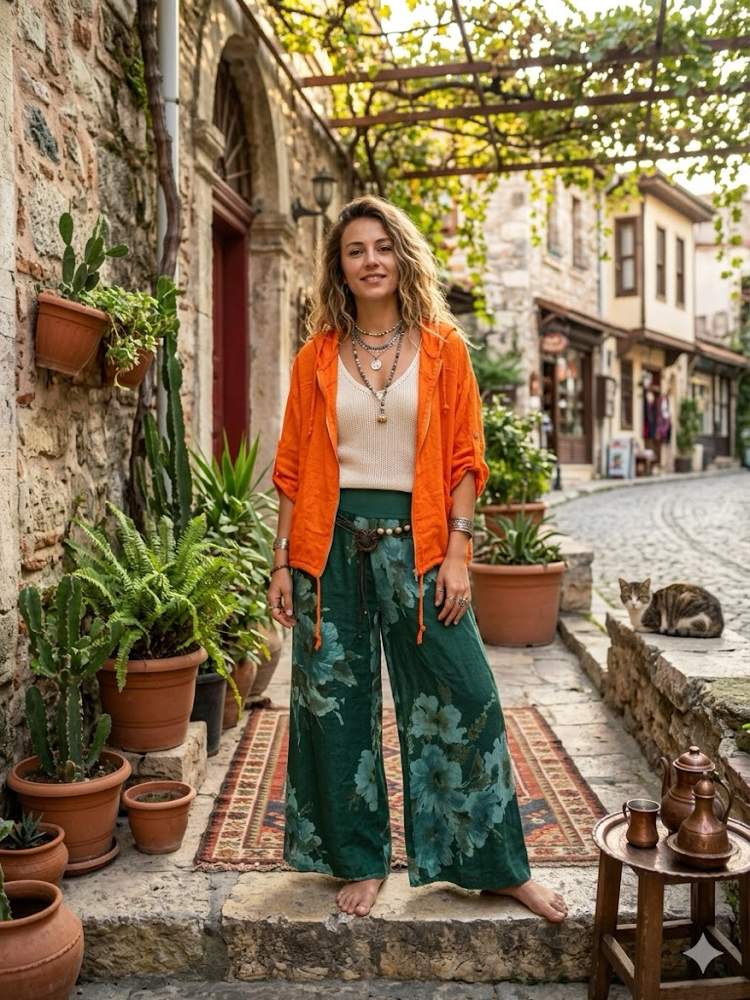 Çiçek desenli keten pantalon