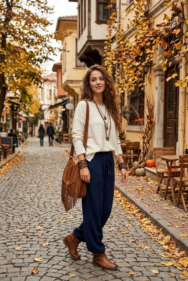 Lacivert kadife pantalon ve kırık beyaz angora triko bluz