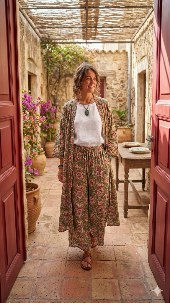 Pamuklu viskon kaftan ve pantalon takım