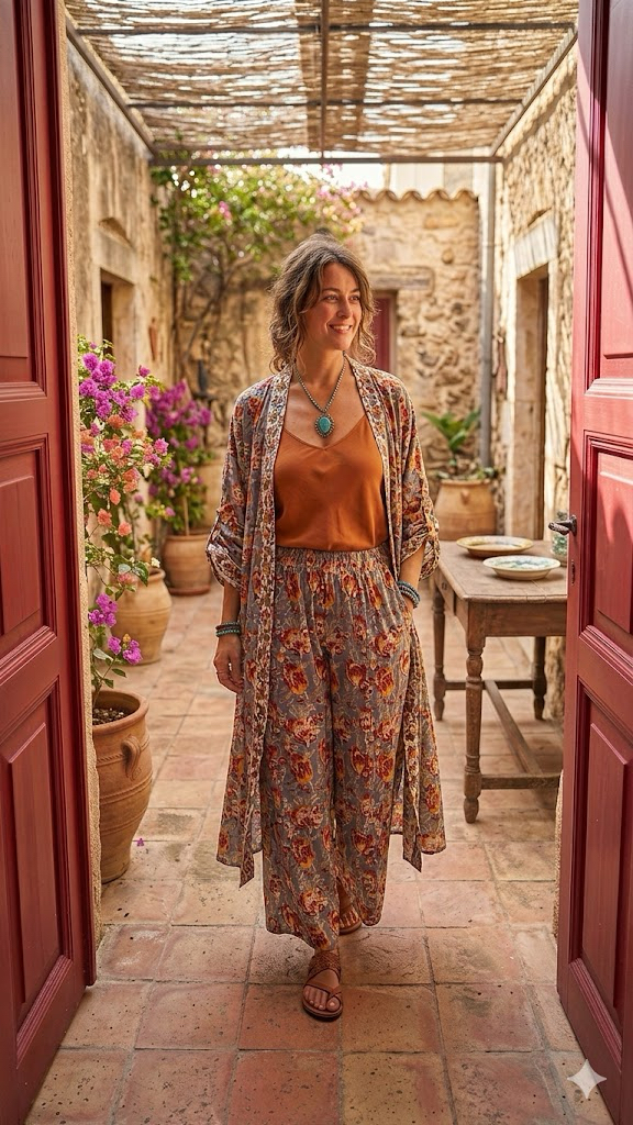 Pamuklu viskon kaftan ve pantalon takım