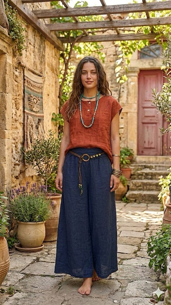 Kemerli bol paça keten pantalon
