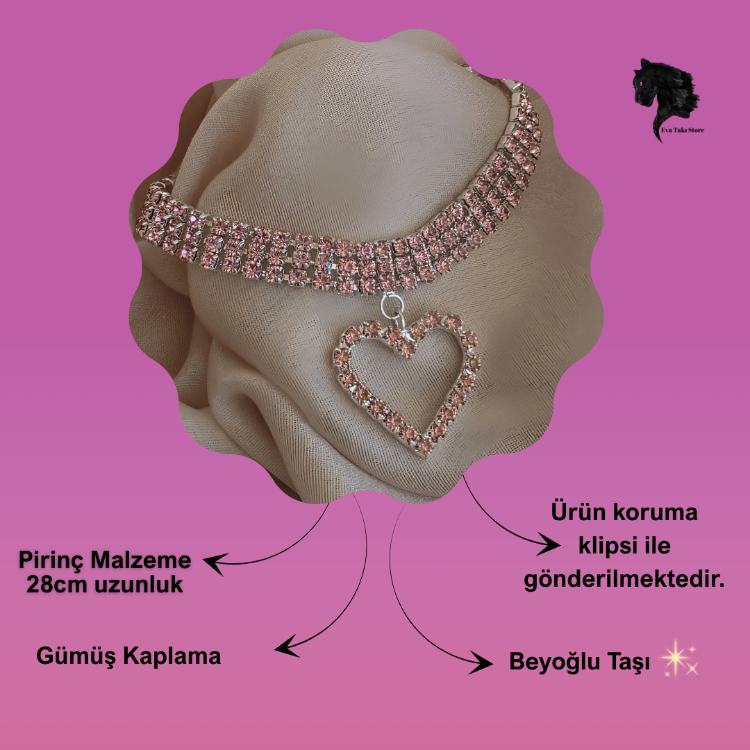 Üç Sıralı Kalp Figürlü Kristal Taşlı Choker Tasma Pembe Renk Kolye - 1791
