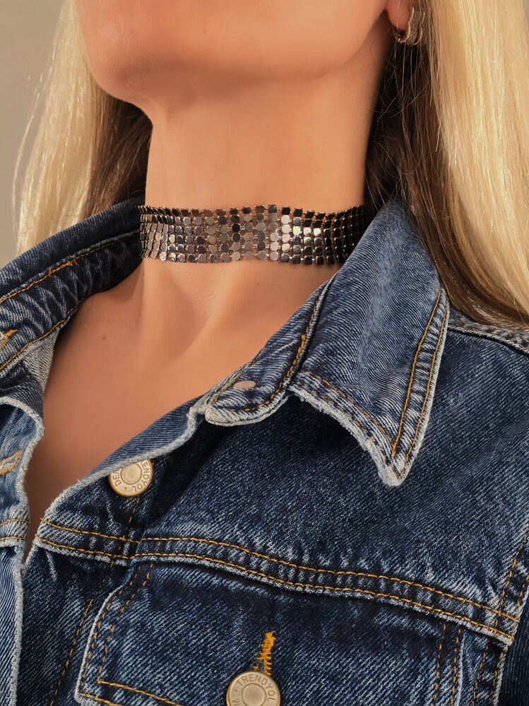 Arpa Pul Payet Zırh Metal Model Antrasit Choker Kolye - 1394