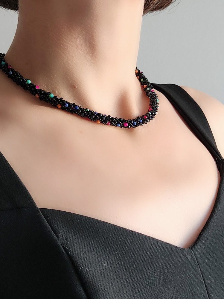 Etnik Bohem Sarmal Dönmeli Model Kristal Siyah Rengarenk Taşlı Kristal Boncuk Kolye - 1225