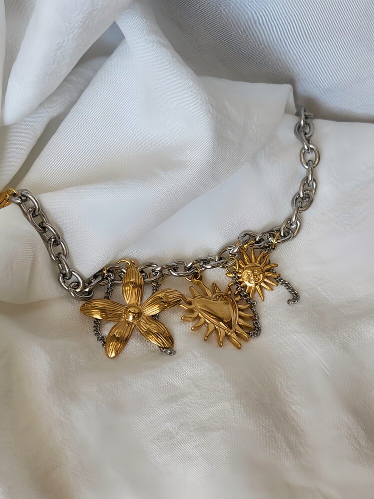 Çiçek Kalp Güneş Çocuk Charmlı Halat Zincir Model Bileklik - 1496