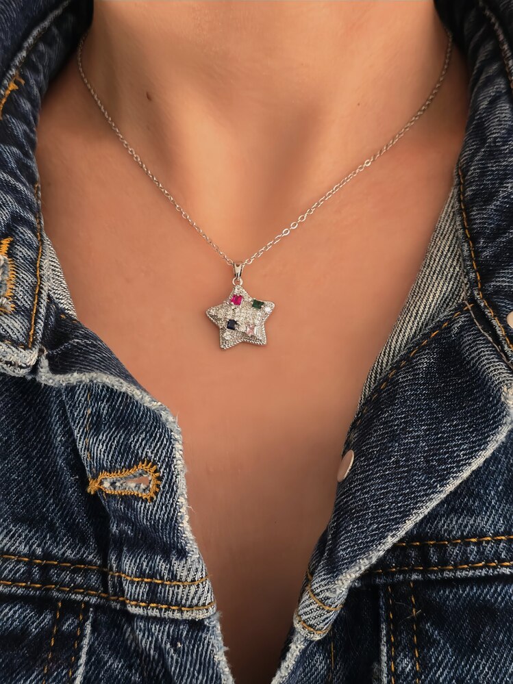 Yıldız Model Renkli Zirkon Taşlı Silver Renk Kolye- 1419
