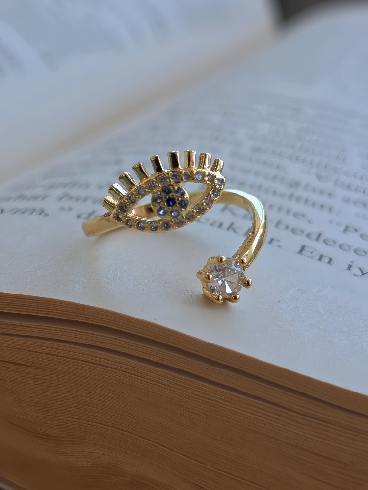 Ayarlanabilir Nazar Model Zirkon Taşlı Gold Renk Çelik Yüzük - 1766