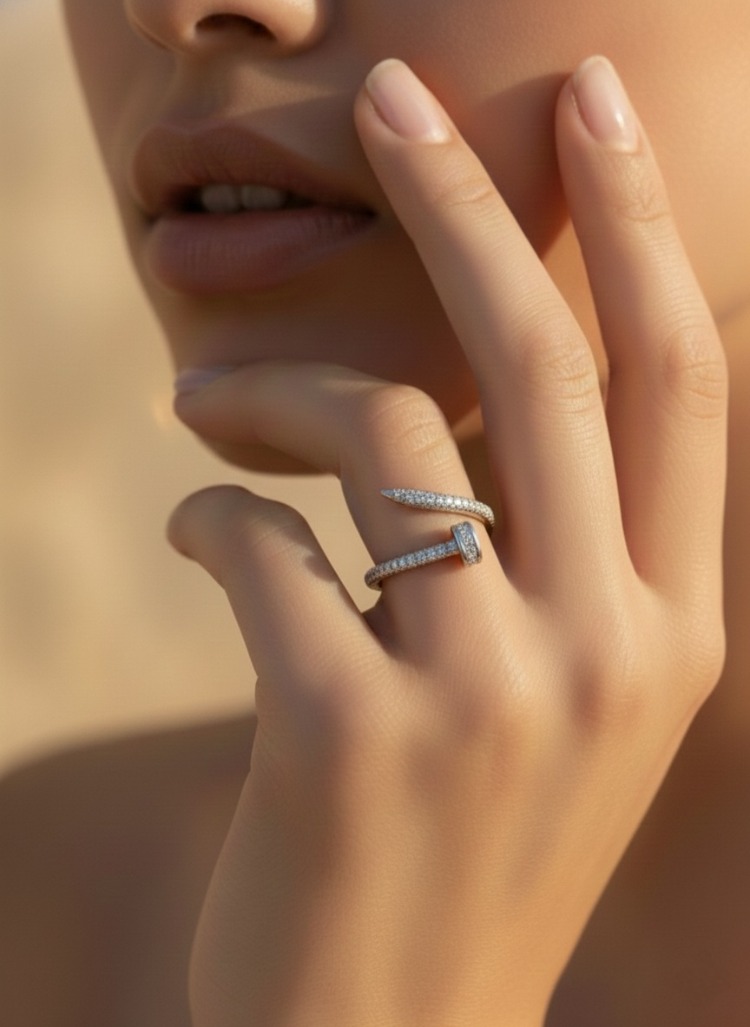 Ayarlanabilir Çivi Model Zirkon Taşlı Silver Renk Çelik Yüzük - 1757