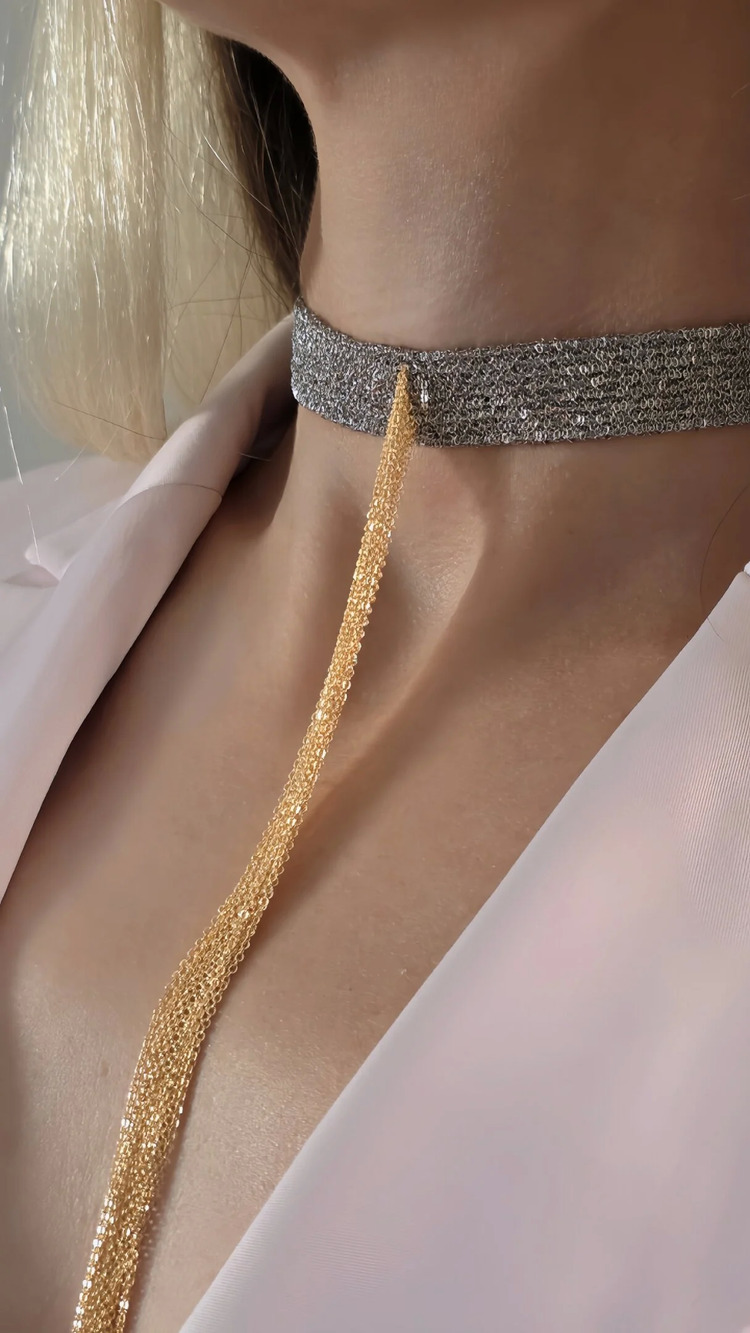 8 Sıralı Zincir Dokuma Sallantılı Vücut Tasma Choker Gümüş Gold Renk El Yapımı Kolye- 1709
