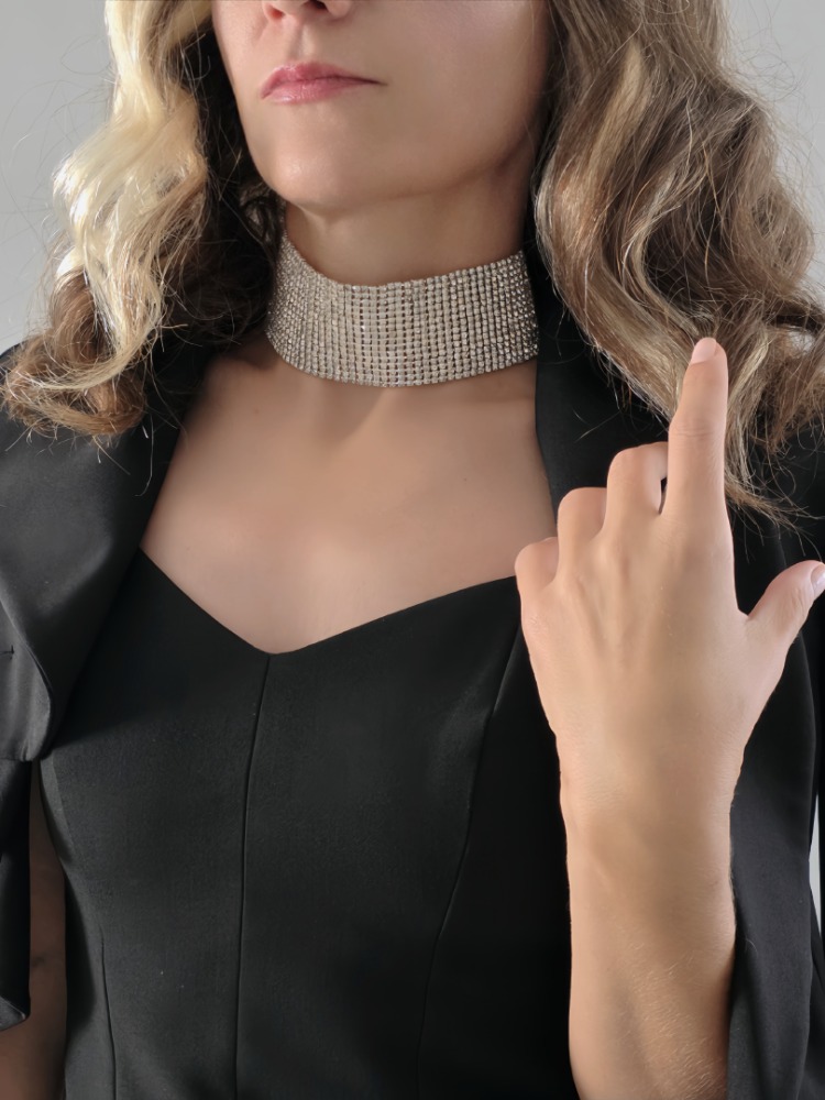 Gümüş Kaplama Rhinestone Choker Tasma Model Kolye - 1727