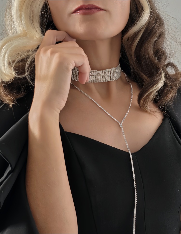 Gümüş Kaplama Rhinestone Y Model Su Yolu Model Kolye - 1728
