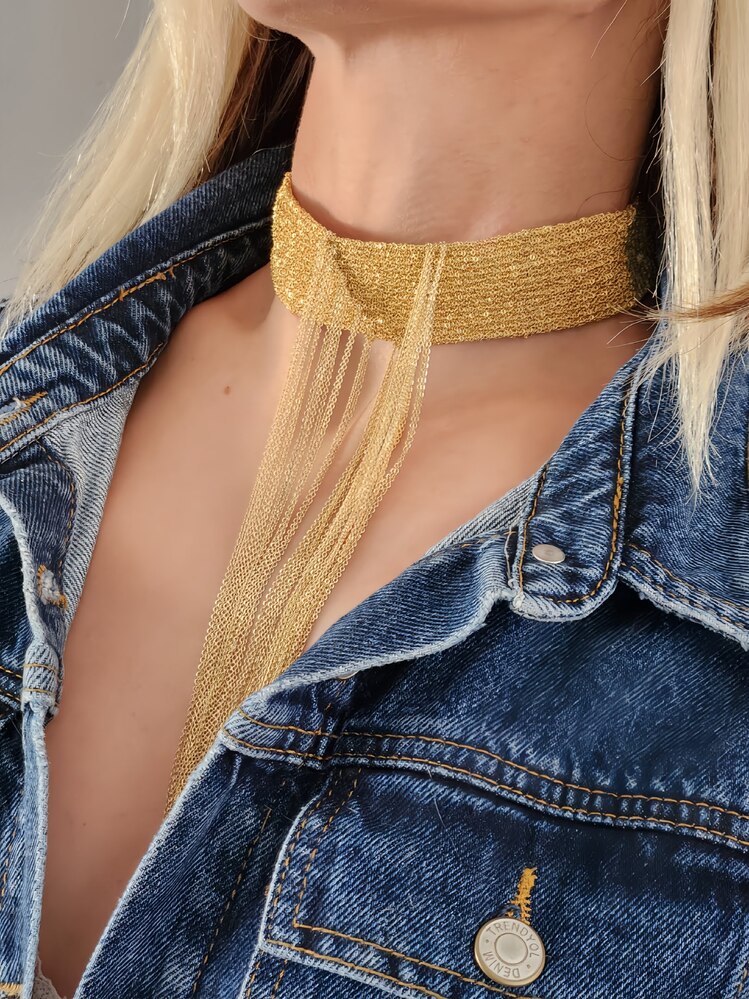 15 Sıralı Zincir V Model Dokuma Sallantılı Tasma Choker El Yapımı Altın Renk Kolye - 1383