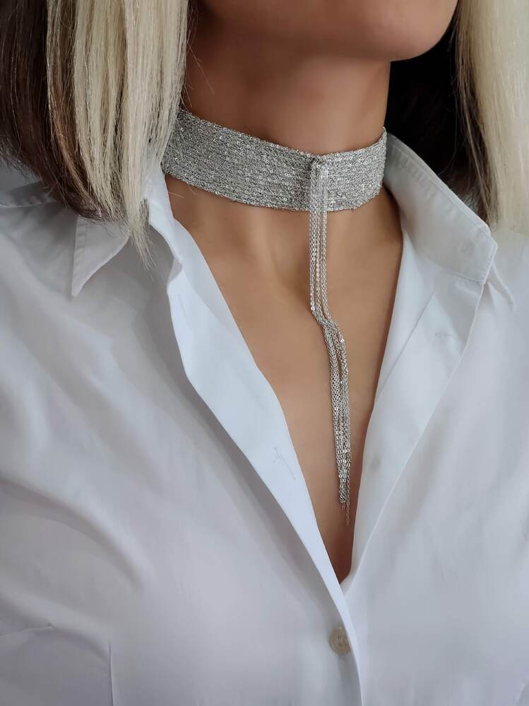15 Sıralı Zincir Dokuma Sallantılı Vücut Tasma Choker El Yapımı Kolye - 1340