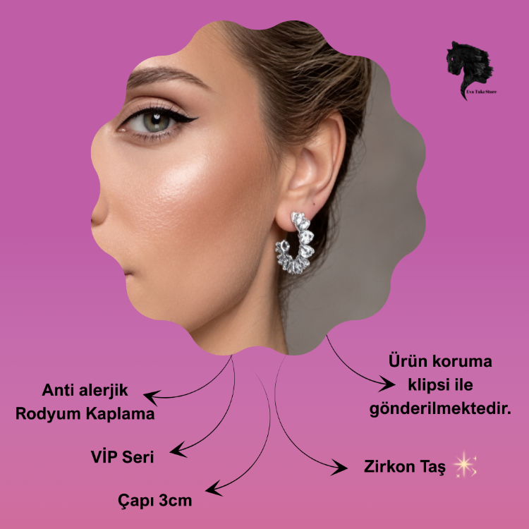 Kalp Zirkon Taşlı Antialerjik VİP Halka Silver Renk Küpe Antialerjik  - 1814