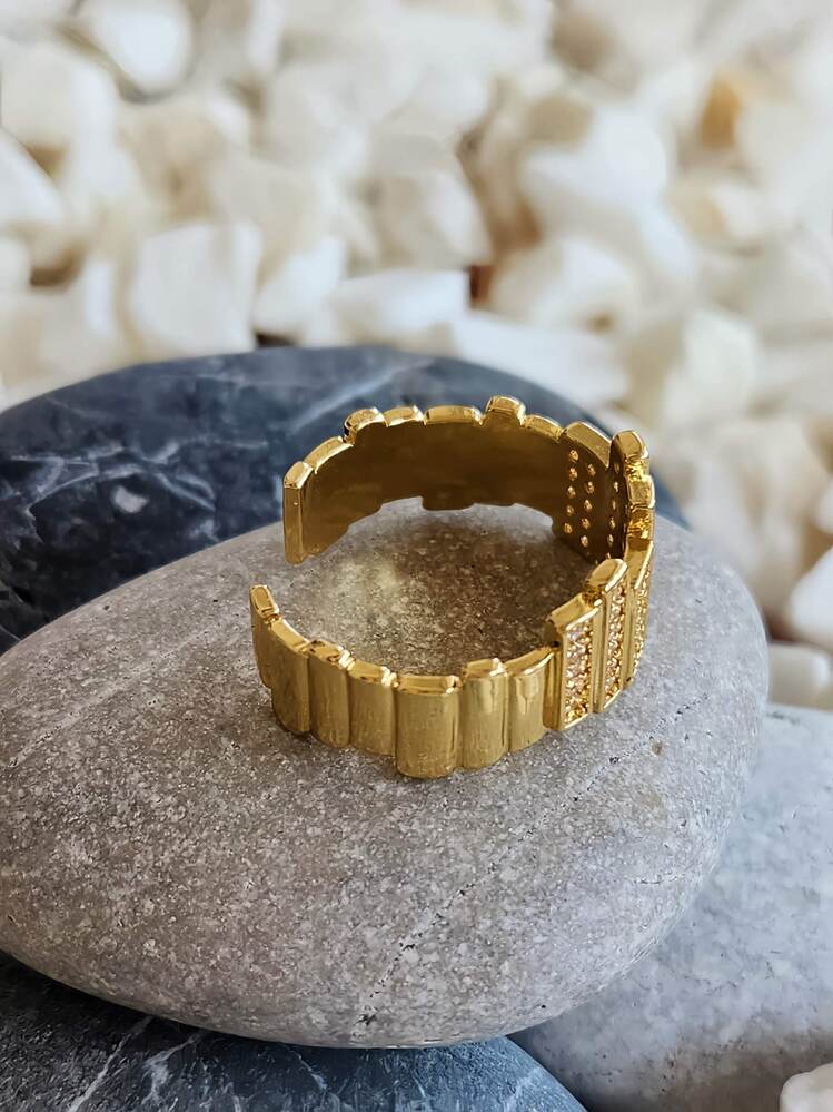 Zikzak Geometrik Model Sedefli Zirkon Taşlı Ayarlanabilir Gold Renk Çelik Yüzük - 1451