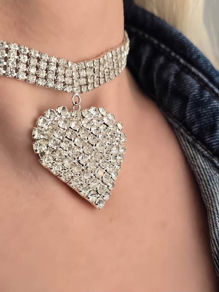 Sallantılı Kalp Model Rhinestone Choker Tasma Model Gümüş Renk Kolye- 1390