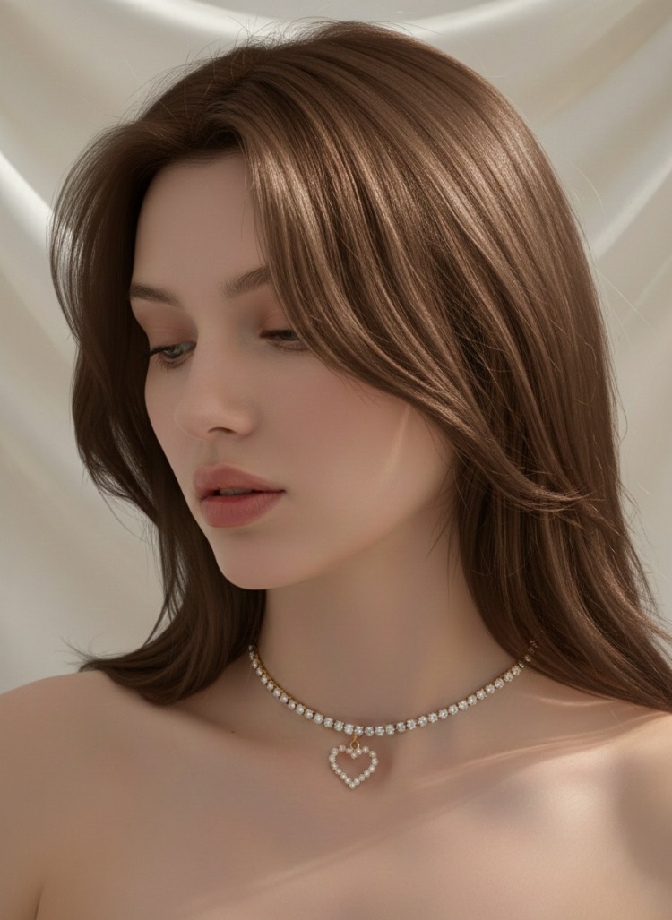 Tek Sıralı Kalp Figürlü Kristal Taşlı Choker Tasma Silver Gold Kolye - 1790