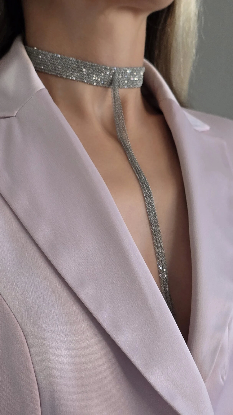 8 Sıralı Zincir Dokuma Sallantılı Vücut Tasma Choker Silver Renk El Yapımı Kolye - 1707
