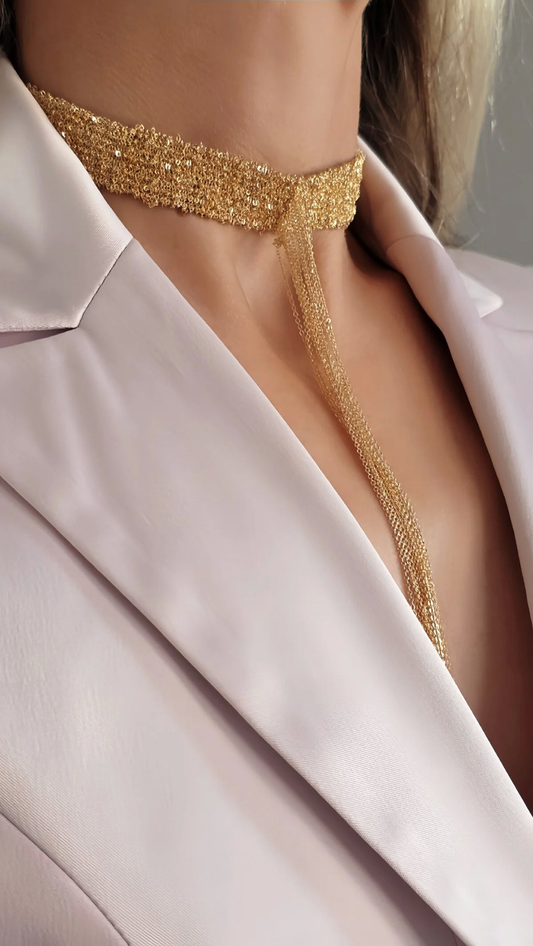8 Sıralı Zincir Dokuma Sallantılı Vücut Tasma Choker Gold Renk El Yapımı Kolye- 1708