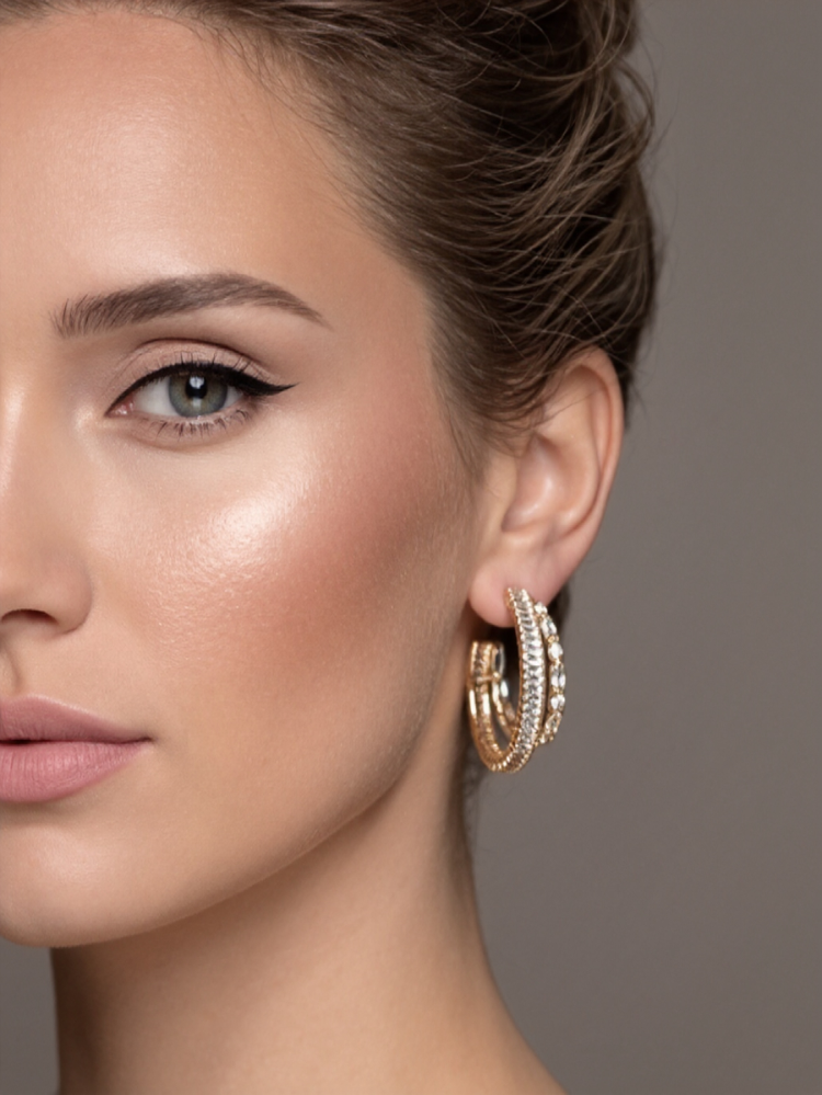 İkili Yarım Halka Model Zirkon Taşlı Antialerjik VİP Halka Gold Renk Küpe Antialerjik - 1817