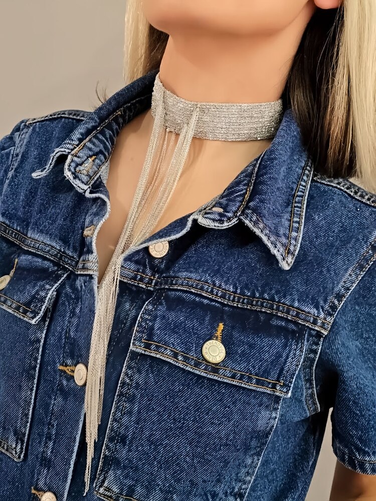 15 Sıralı Zincir V Model Dokuma Sallantılı Tasma Choker El Yapımı Gümüş Renk Kolye - 1382