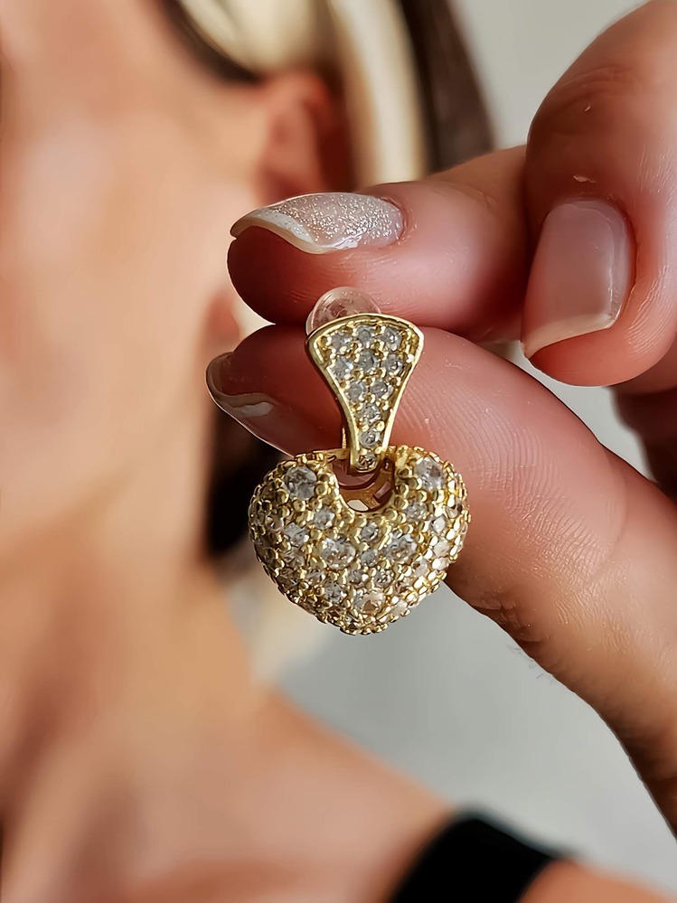 Bombeli Kalp Model Zirkon Taşlı Altın Kaplama Gold Küpe - 122
