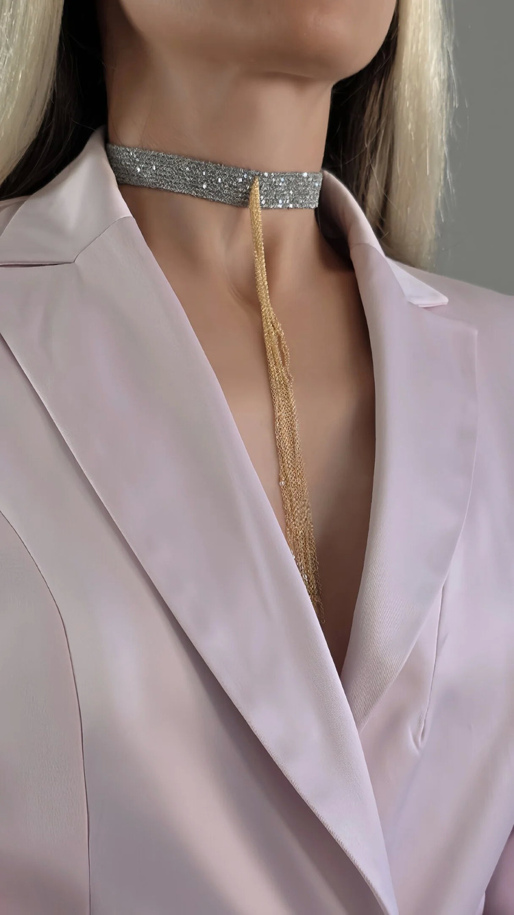 8 Sıralı Zincir Dokuma Sallantılı Vücut Tasma Choker Gümüş Gold Renk El Yapımı Kolye- 1709