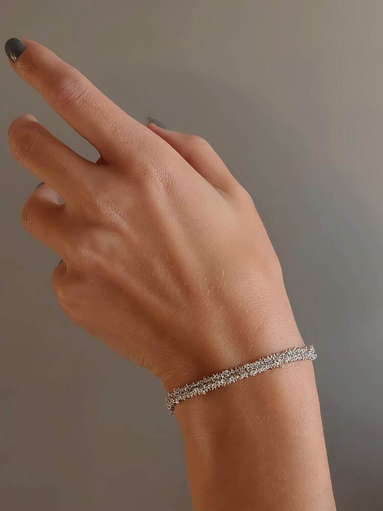 Zincir Dokuma Kordon El Yapımı Otantik Gümüş Platin Renkli Bileklik - 1341