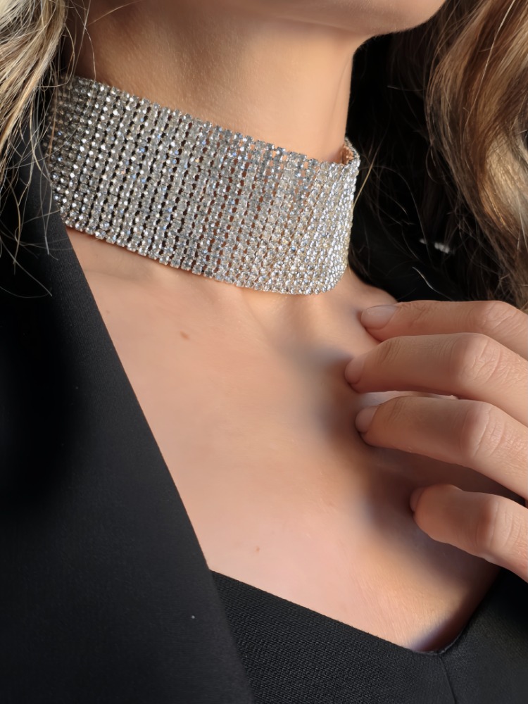 Gümüş Kaplama Rhinestone Choker Tasma Model Kolye - 1727