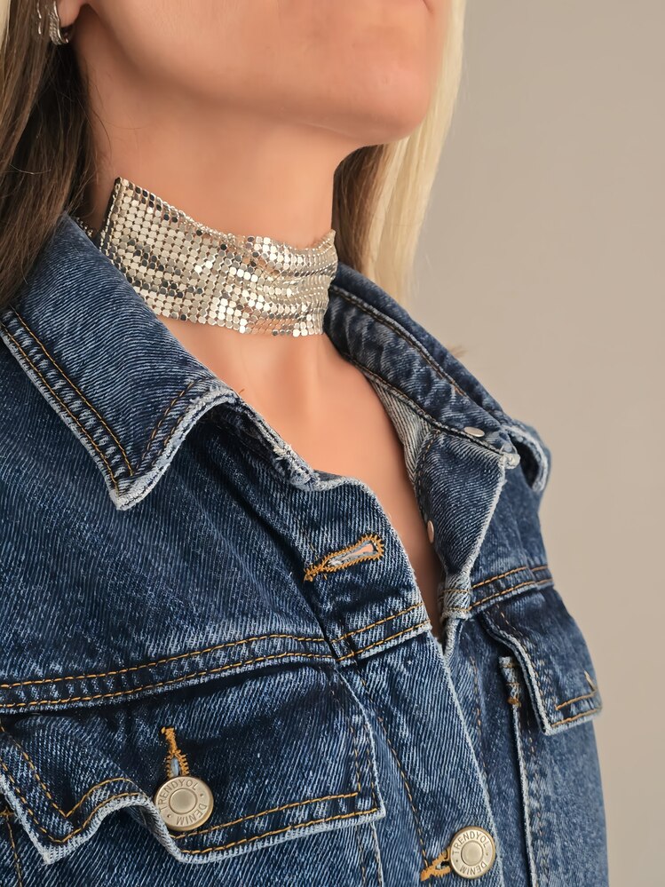 Arpa Pul Payet Zırh Metal Geniş Model Gümüş Choker Kolye - 1393