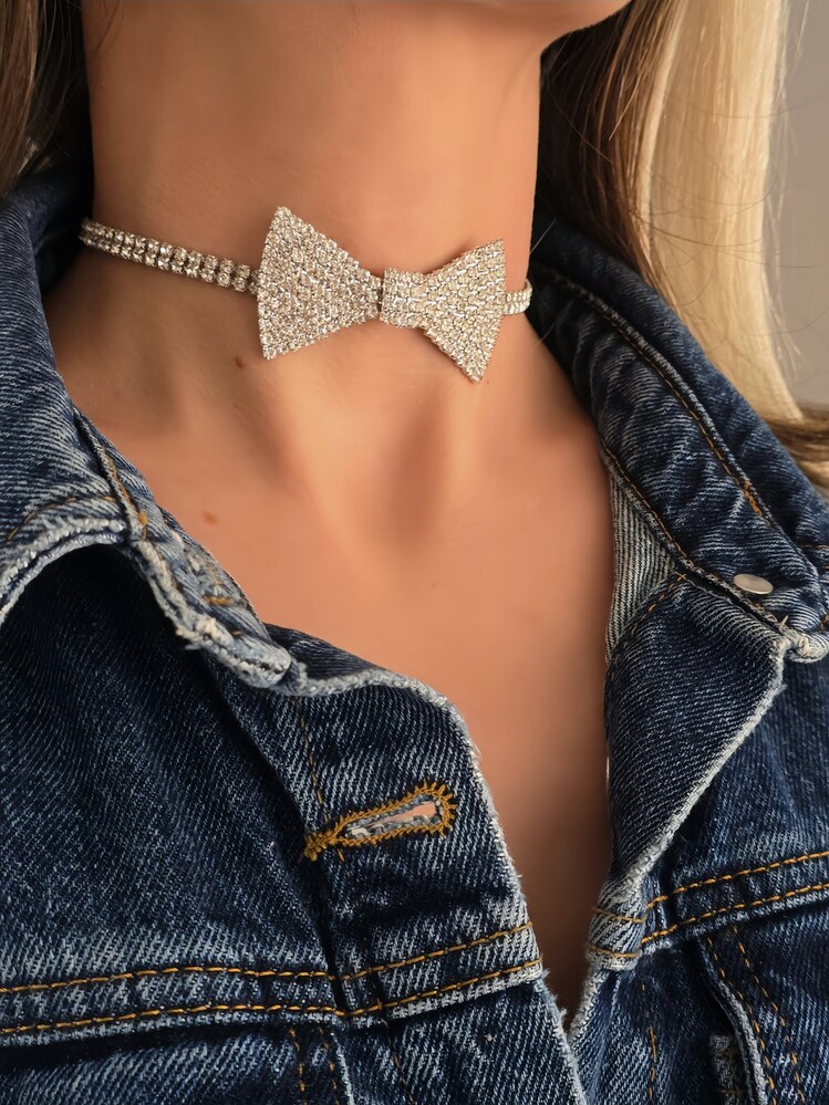 Papyon Model Rhinestone Choker Tasma Model Gümüş Renk Kolye- 1388