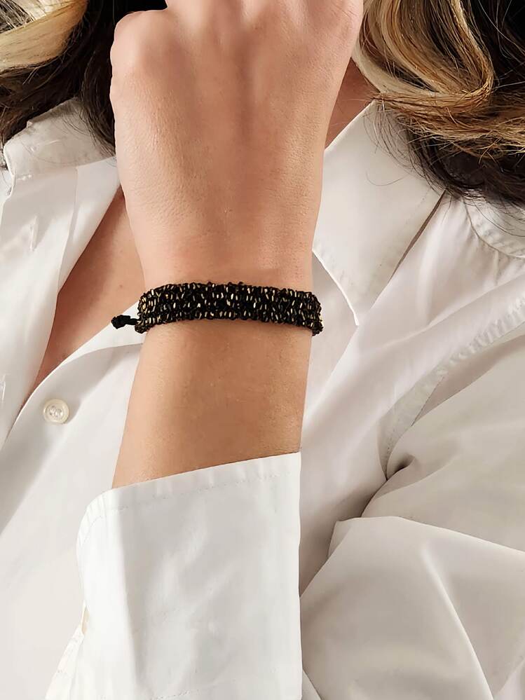 Zincir Dokuma Kordon El Yapımı Otantik Siyah Gold Renkli Bileklik - 1516