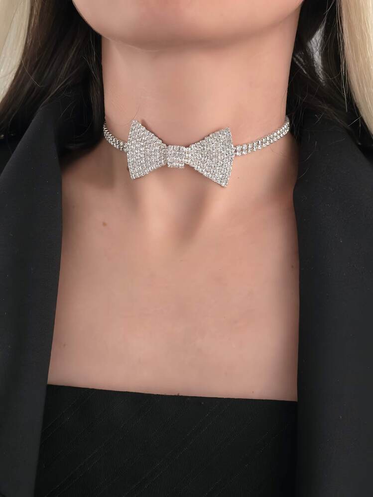 Papyon Model Rhinestone Choker Tasma Model Gümüş Renk Kolye- 1388