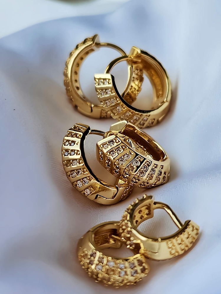 6'lı Oval Minimalist Hoop Zirkon Taşlı Altın Kaplama Gold Renk Küpe Seti - 1274