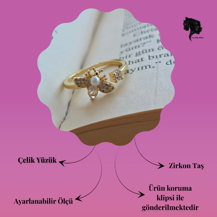 Ayarlanabilir Arı İnci Model Zirkon Taşlı Gold Renk Çelik Yüzük - 1760