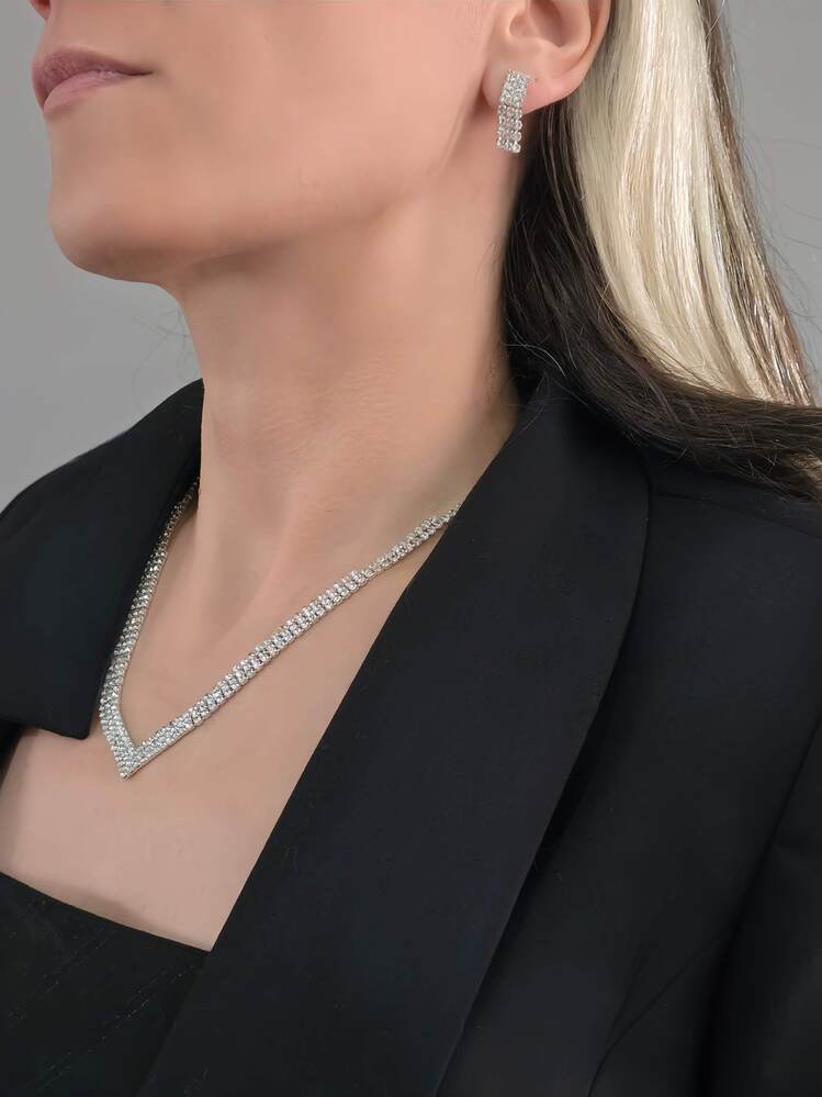 Kristal Taşlı Su Yolu Model Yılbaşı - Abiye - Düğün -Event Kolye Küpe Set- 1440
