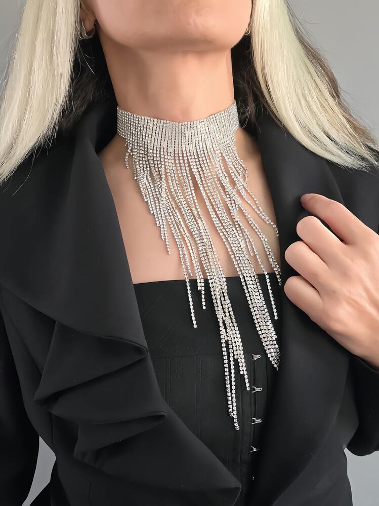 Kristal Taşlı Saçaklı Püskül Model Silver Renk Abiye Choker Tasma Kolye - 1400