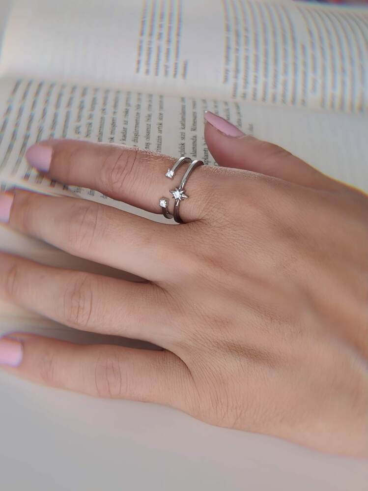 İki Sıralı Yıldız Zirkon Taşlı Ayarlanabilir Gold ve Silver Renkli Yüzük - 1617