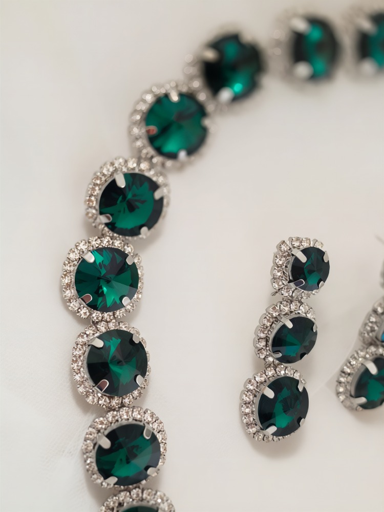 Riviere Kristal Taşlı Çiçek Model Yeşil Renkli Kolye Küpe Set - 1865
