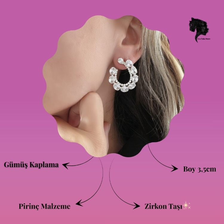 Çiçek Model Zirkon Taşlı Abiye Gümüş Renk Küpe - 1737