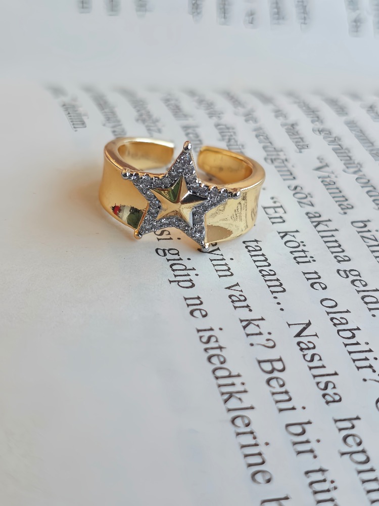 Ayarlanabilir Yıldız Model Zirkon Taşlı Gold Renk Çelik Yüzük - 1771