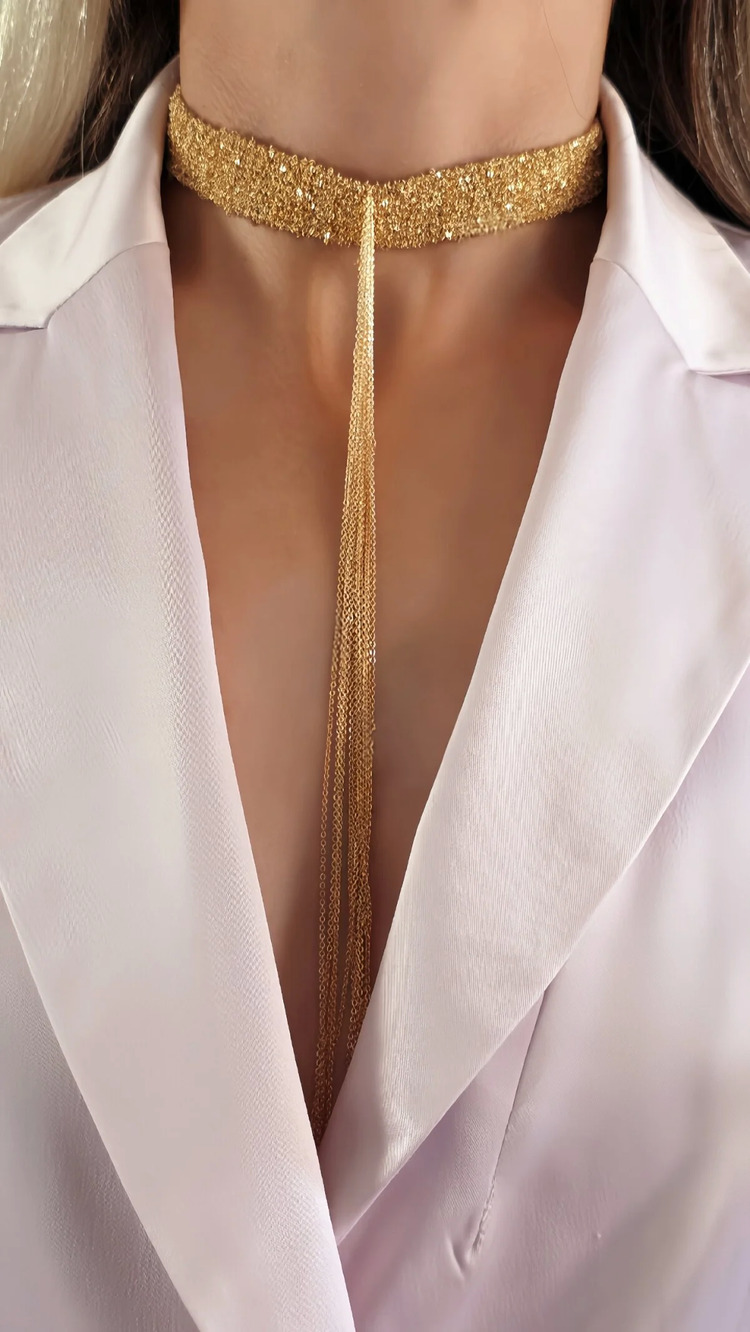 8 Sıralı Zincir Dokuma Sallantılı Vücut Tasma Choker Gold Renk El Yapımı Kolye- 1708
