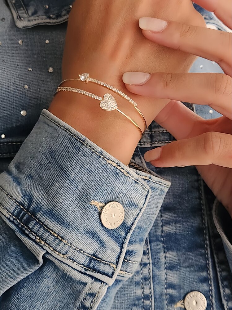Kalp Damla İki Sıralı Model Gold Renk Çelik Ayarlanabilir Bileklik Kelepçe- 1690